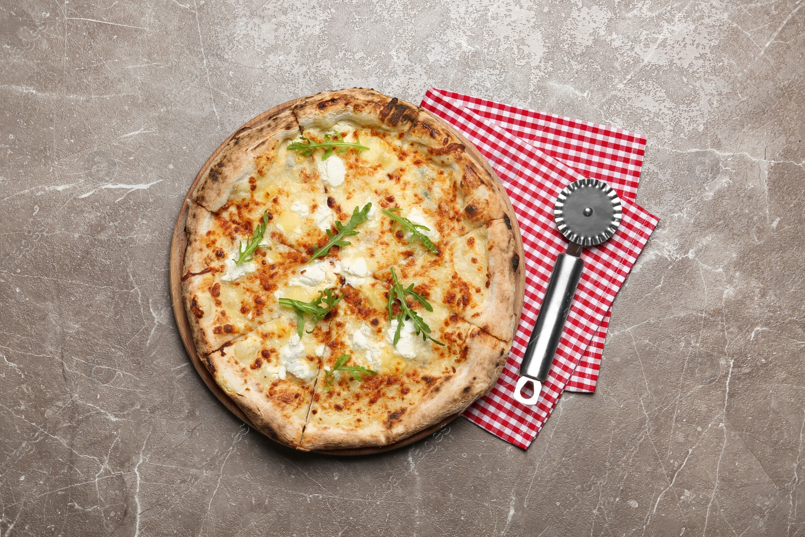 Image of Tasty cheese pizza on grey marble table, top view