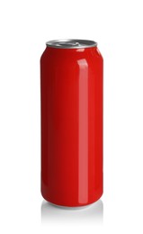 Photo of Red aluminum can with drink isolated on white