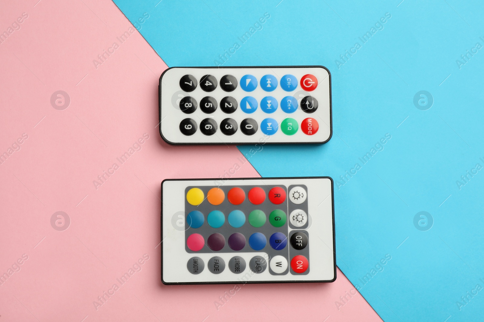 Photo of Different remote controls on color background, flat lay