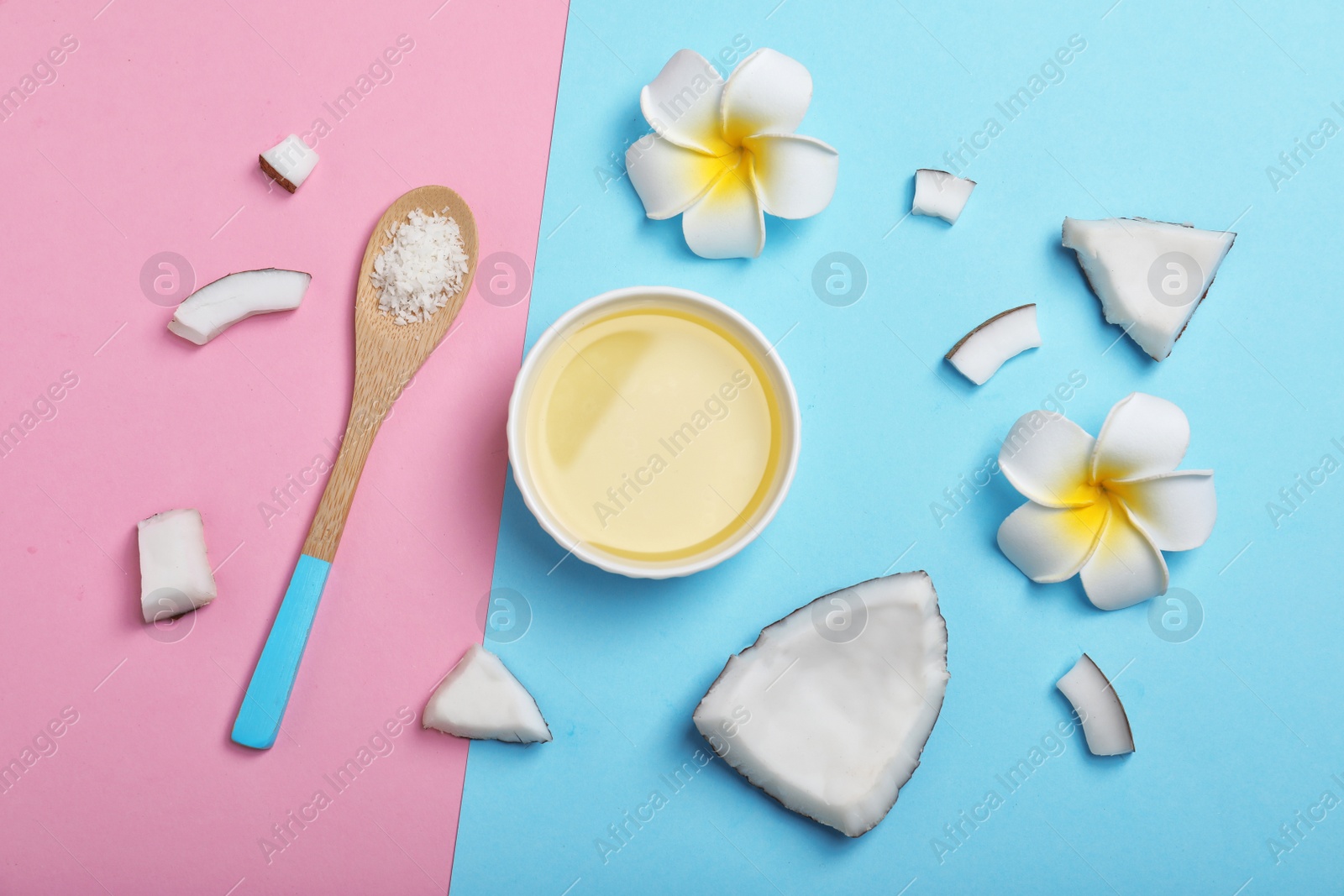 Photo of Flat lay composition with natural organic coconut oil on color background