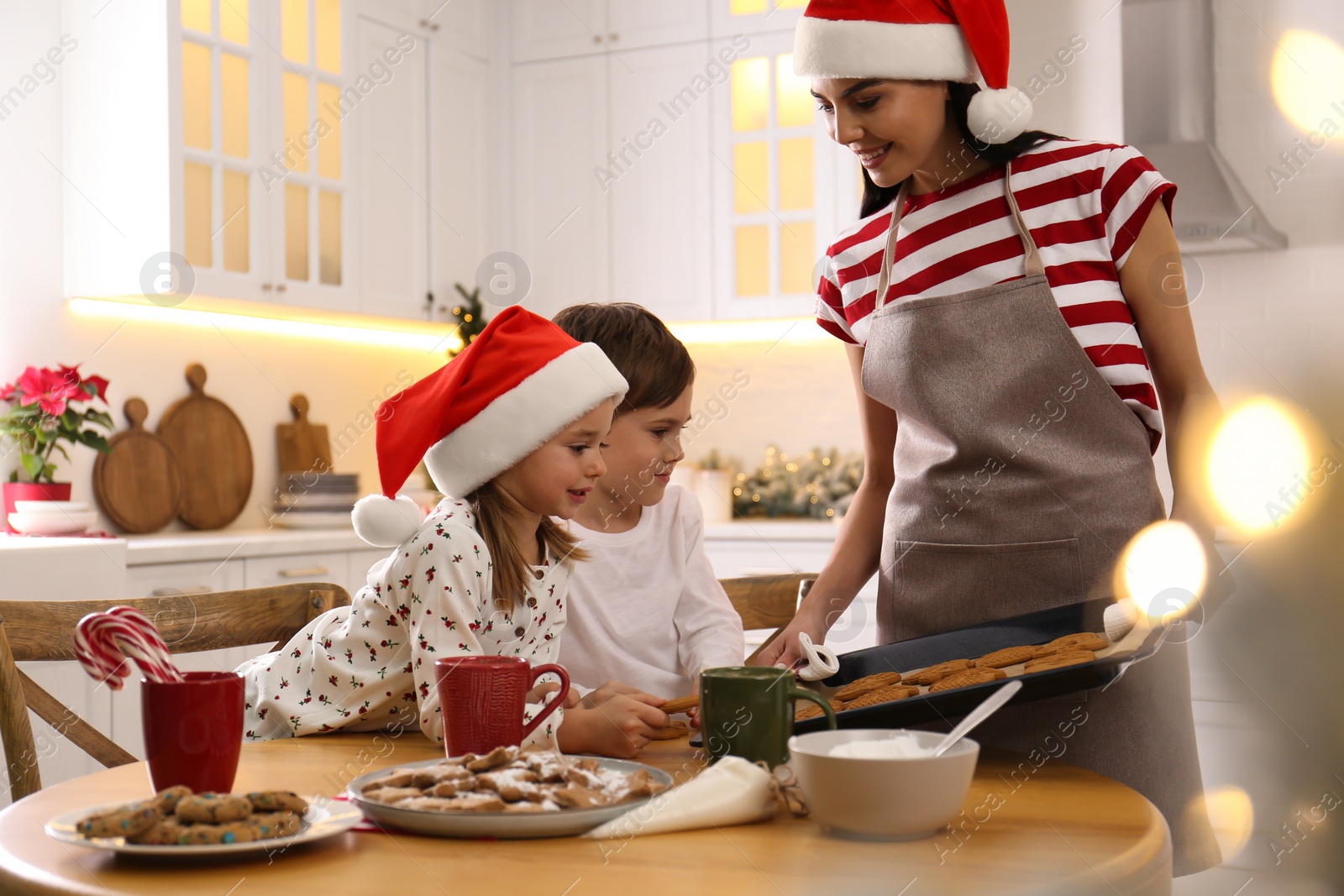 Photo of Mother giving her cute little children freshly baked Christmas cookies in kitchen