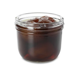 Jar of tasty sweet fig jam isolated on white