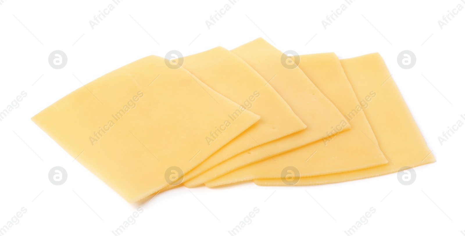 Photo of Slices of tasty fresh cheese isolated on white