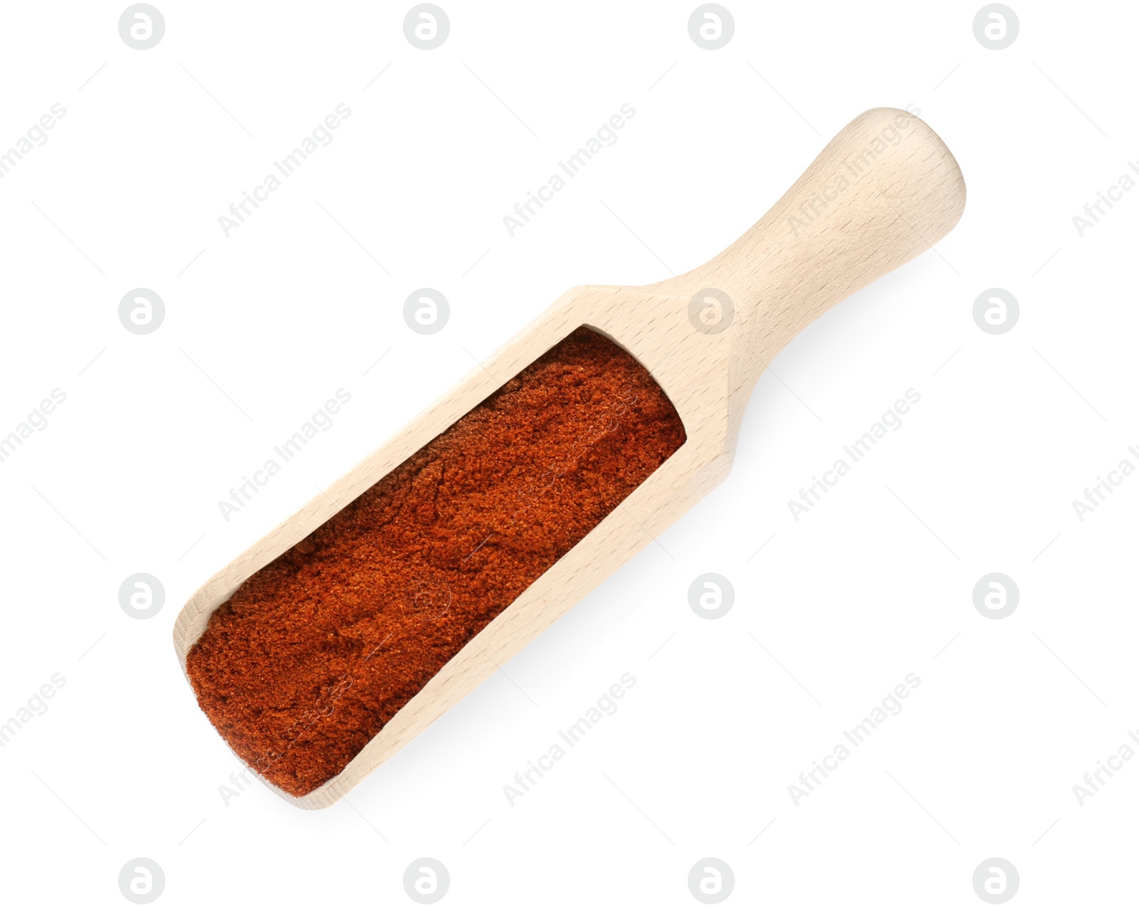 Photo of Scoop of aromatic paprika isolated on white, top view