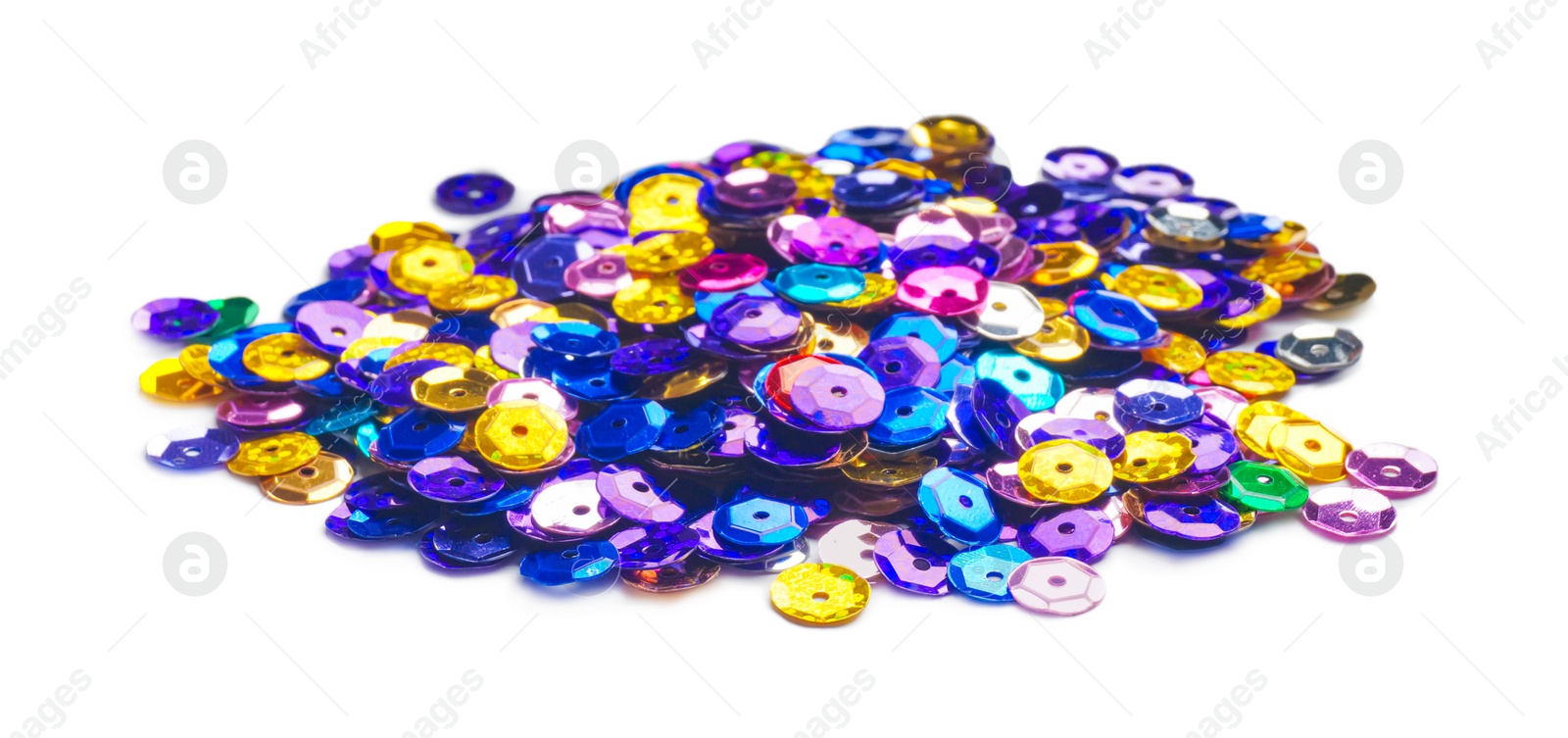 Photo of Pile of colorful sequins isolated on white