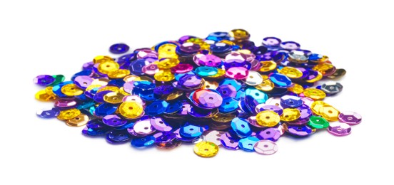 Photo of Pile of colorful sequins isolated on white