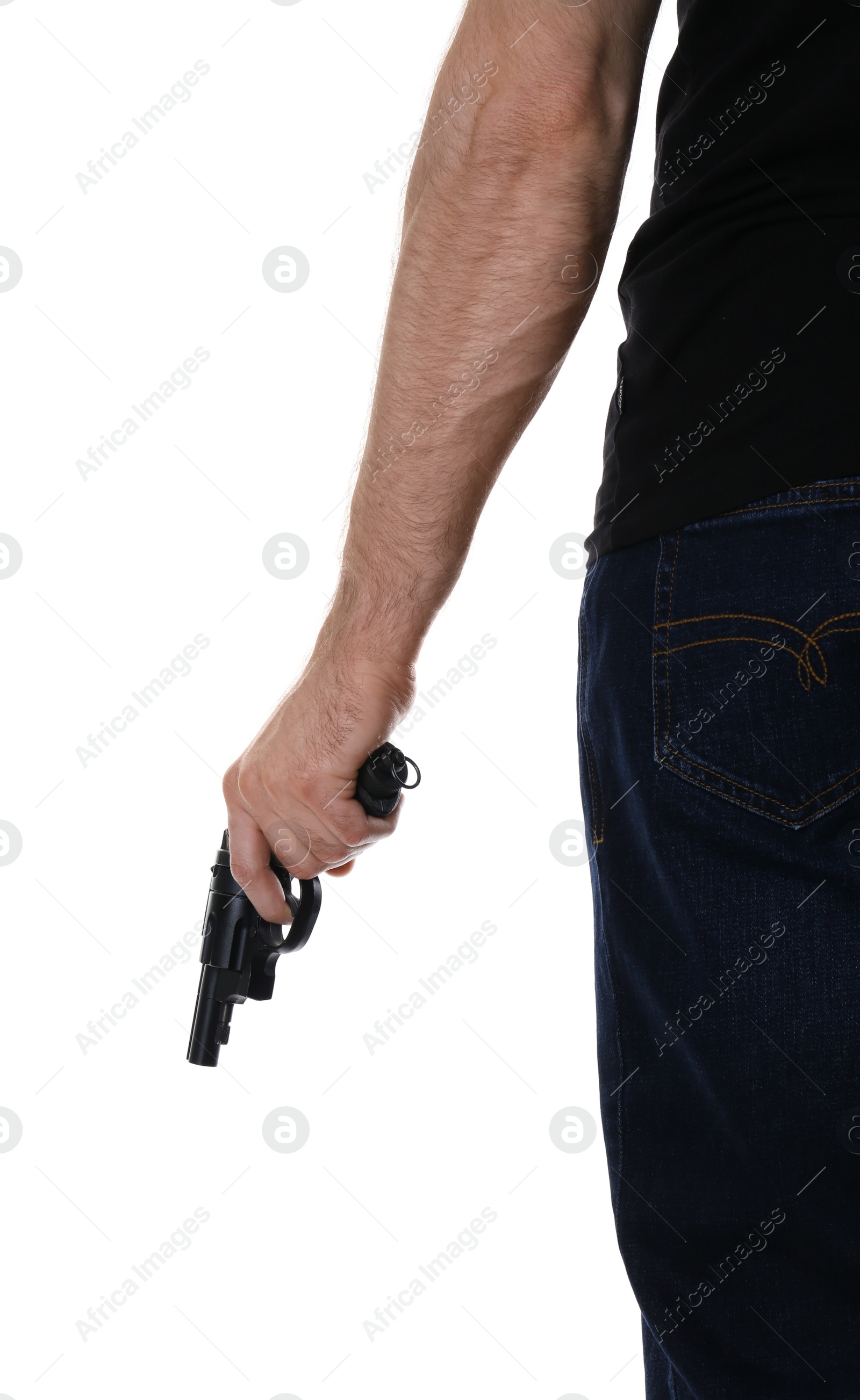 Photo of Man holding gun on white background, closeup