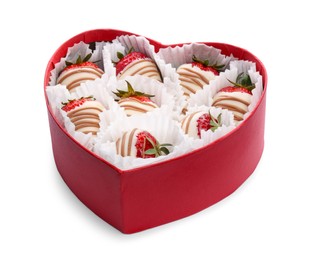 Photo of Heart shaped box with delicious chocolate covered strawberries isolated on white