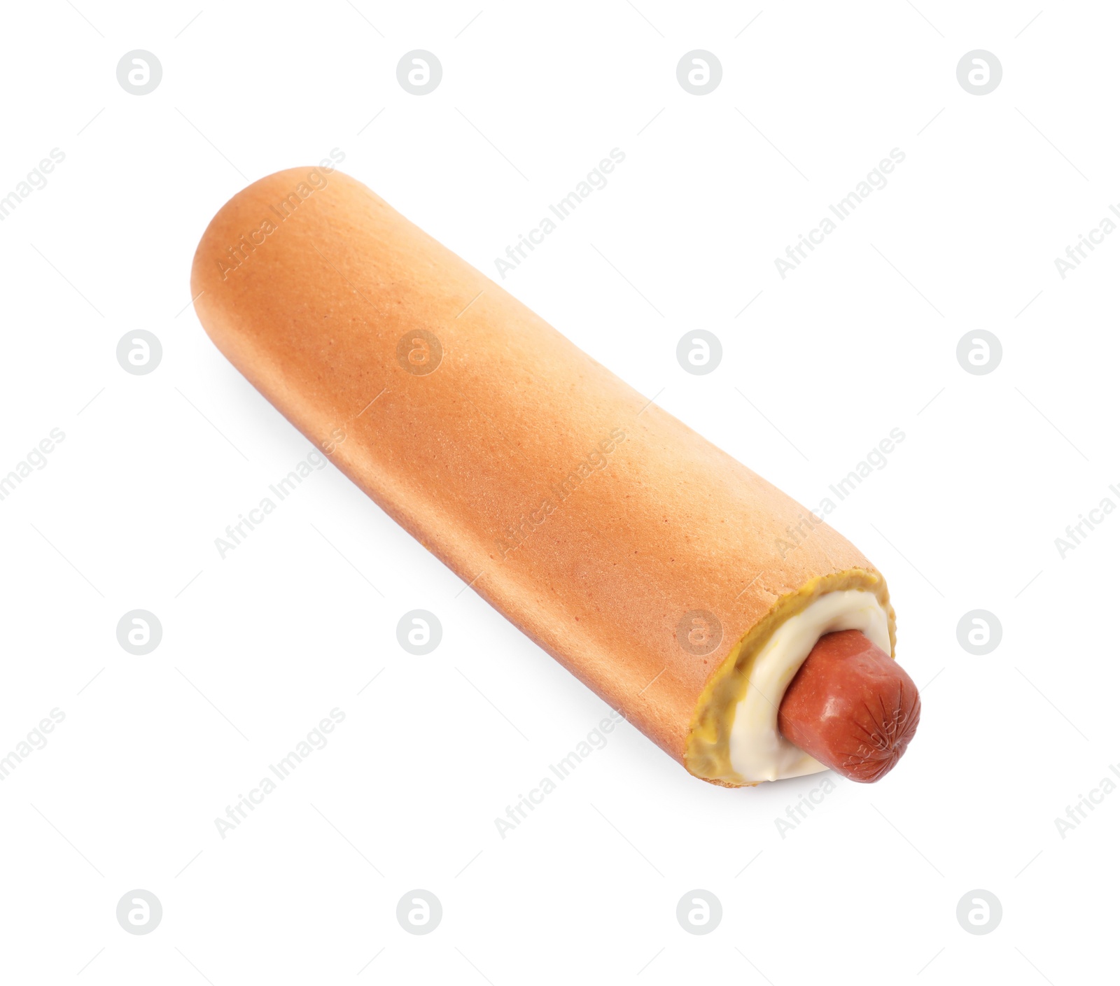 Photo of Tasty french hot dog with sauce isolated on white