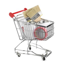 Photo of Small shopping cart with set of painting tools isolated on white