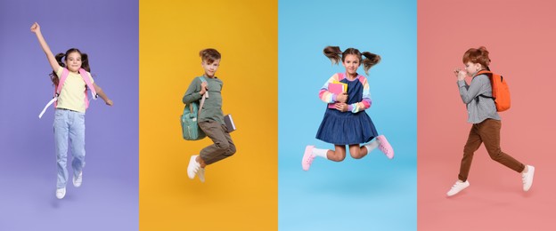 Image of Schoolchildren jumping on color backgrounds, set of photos