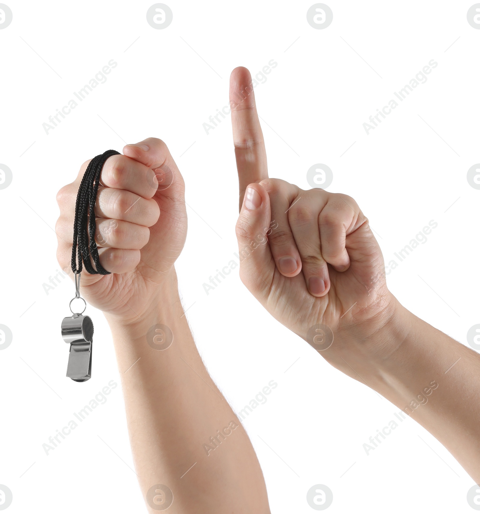 Photo of Referee holding whistle and pointing on white background, closeup