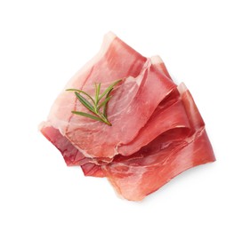 Slices of delicious jamon and rosemary isolated on white, top view