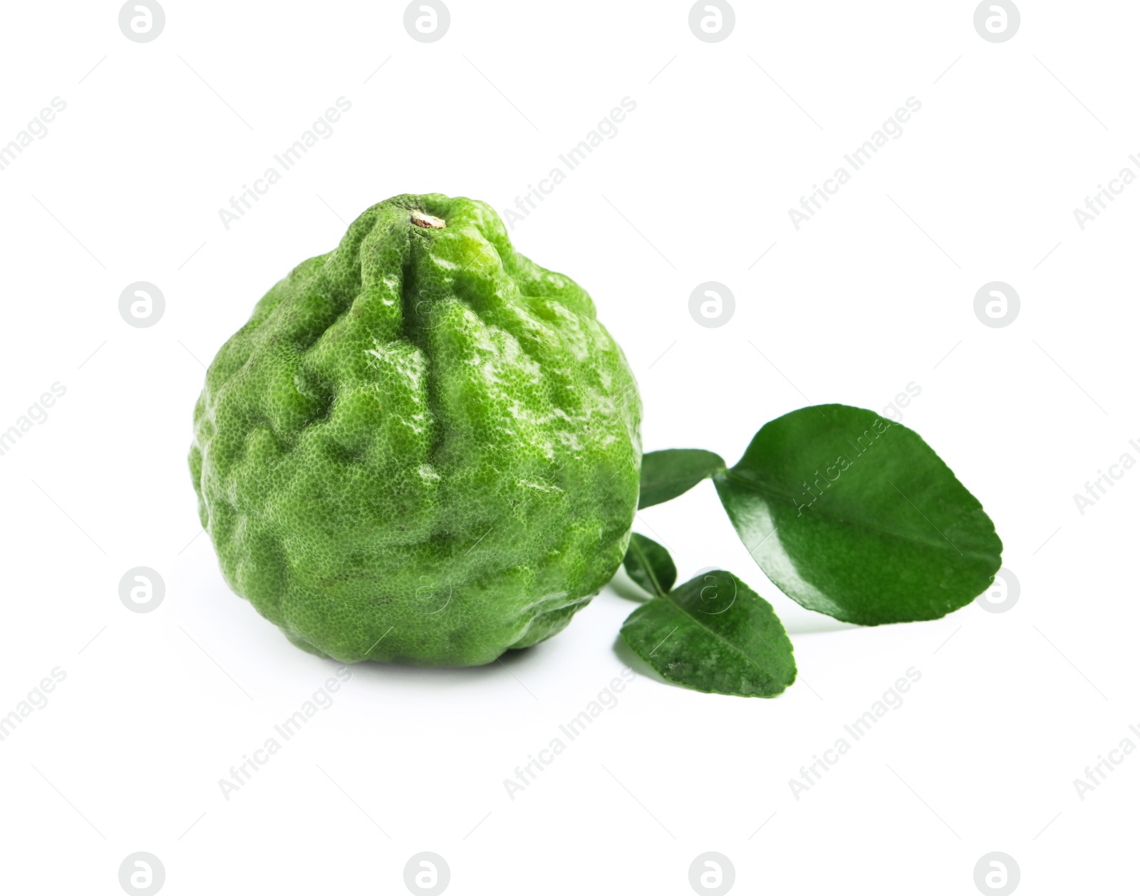 Photo of Fresh ripe bergamot fruit and green leaves on white background