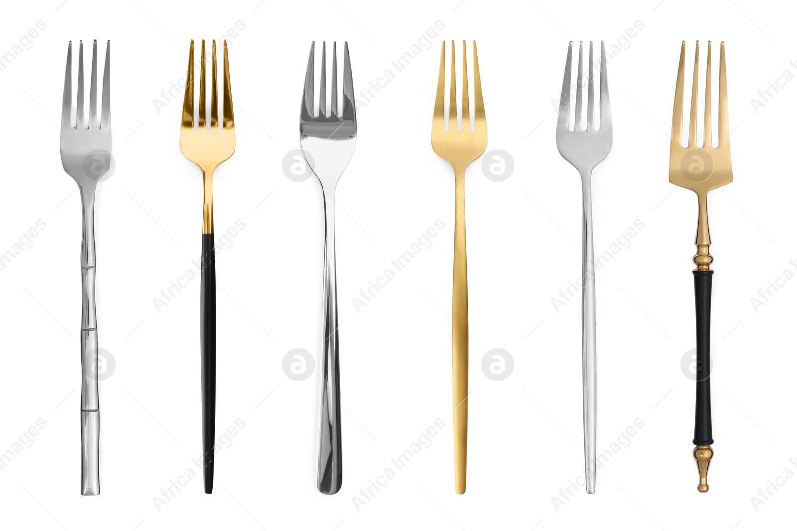 Image of Stylish golden and silver forks isolated on white, set