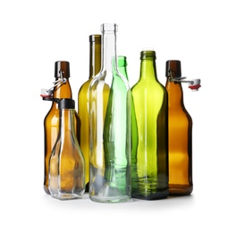 Photo of Empty glass bottles on white background. Recycling problem