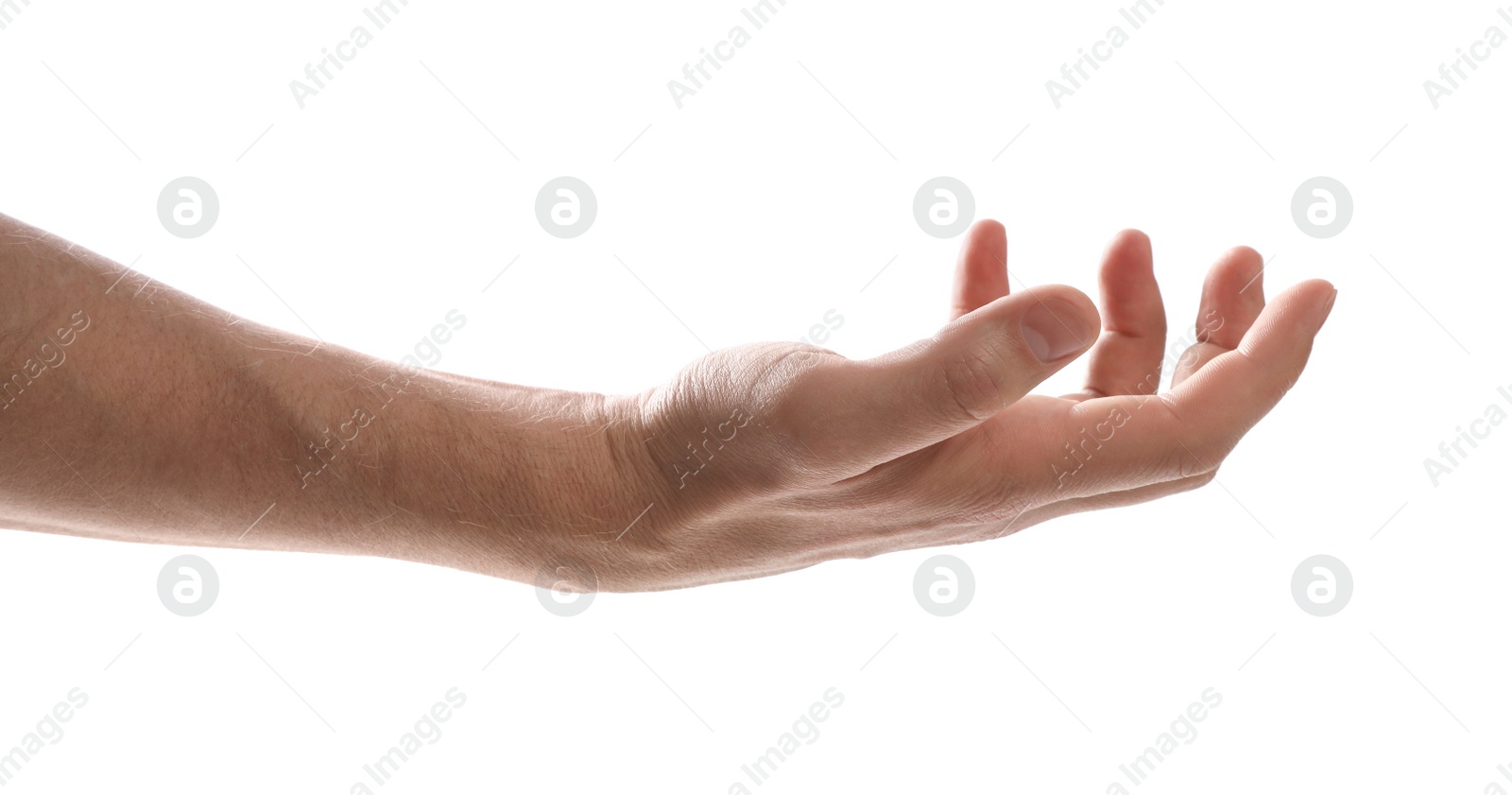 Photo of Man holding something against white background, closeup of hand