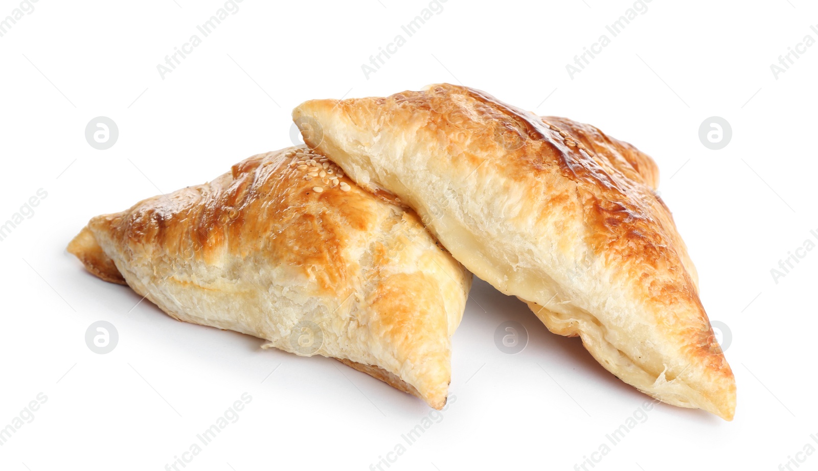 Photo of Fresh delicious puff pastry on white background