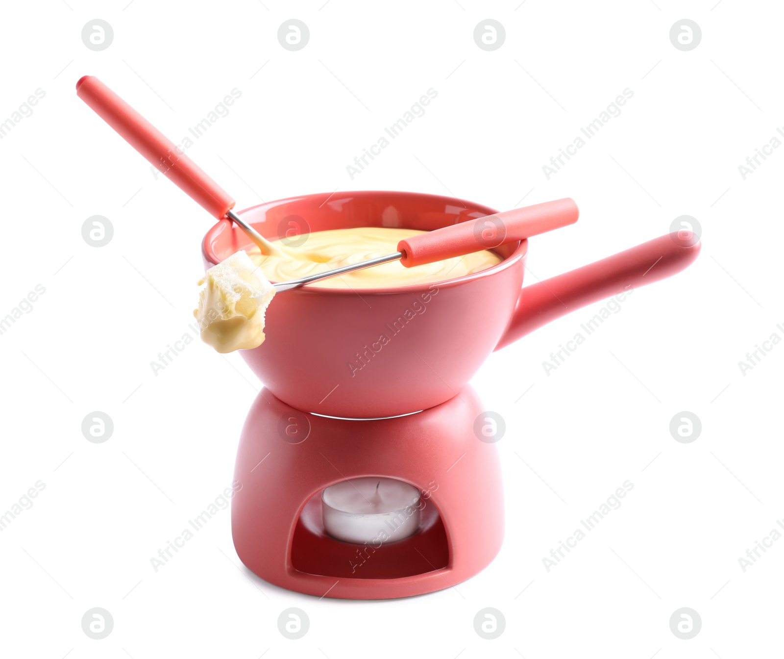 Photo of Pot of delicious cheese fondue and fork with bread on white background