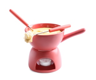 Photo of Pot of delicious cheese fondue and fork with bread on white background