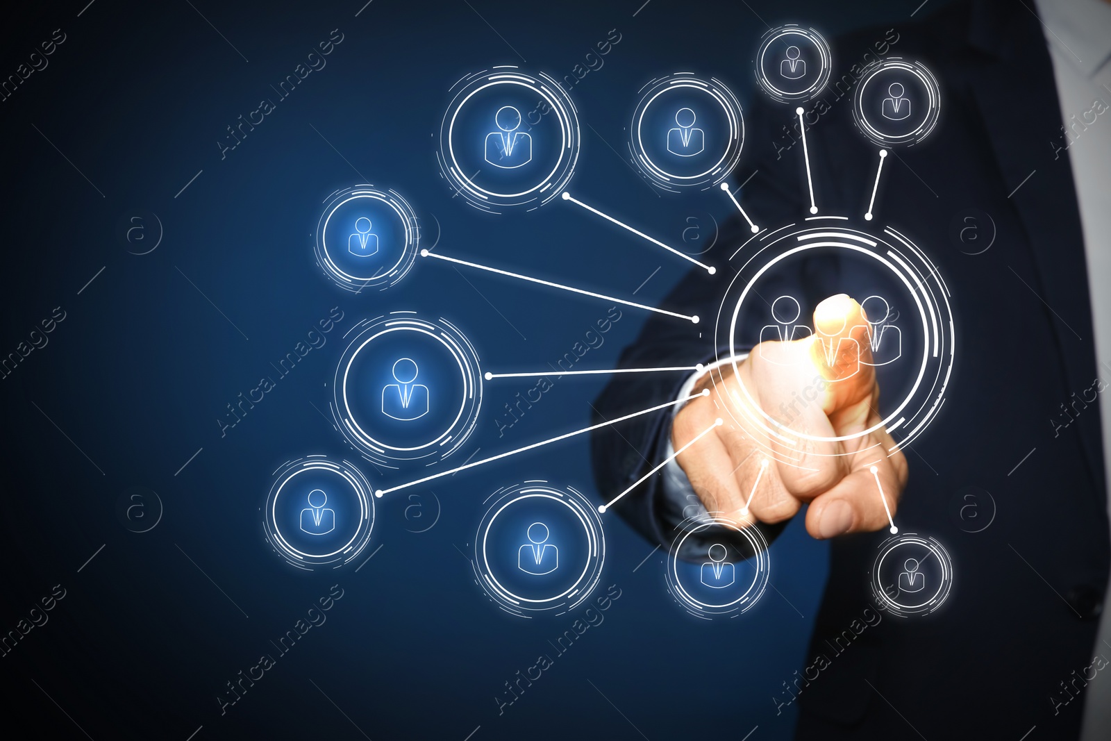 Image of Man touching icon on virtual screen with structure of organization, closeup. Business corporation