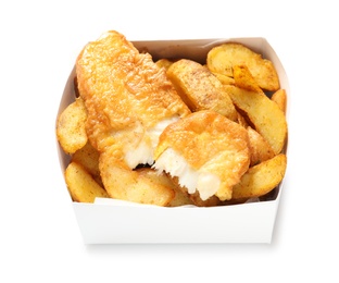 Photo of Disposable container with British Traditional Fish and potato chips on white background