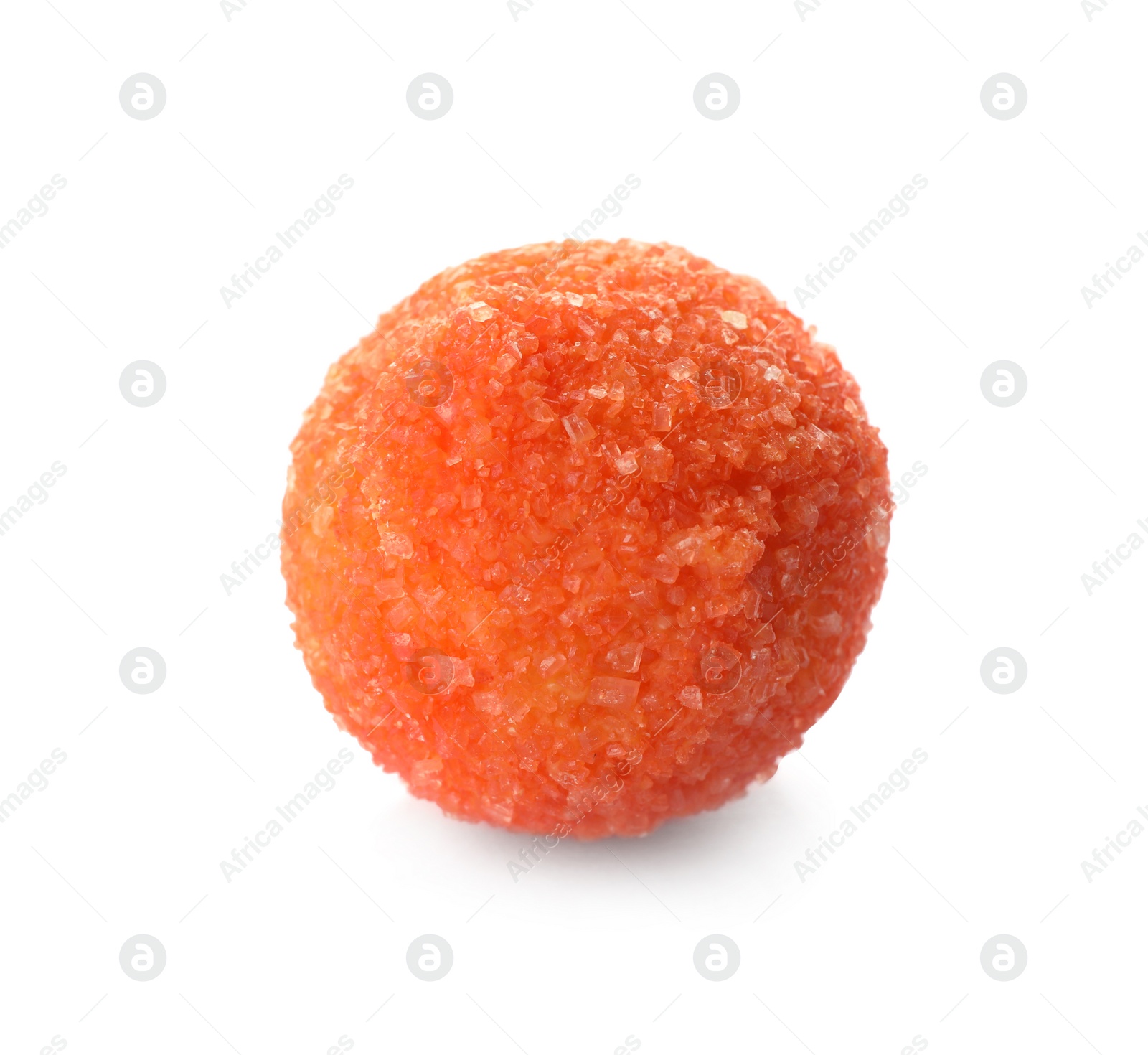 Photo of Orange chocolate candy isolated on white. Fancy confectionery