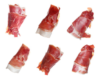 Image of Set of delicious sliced jamon on white background