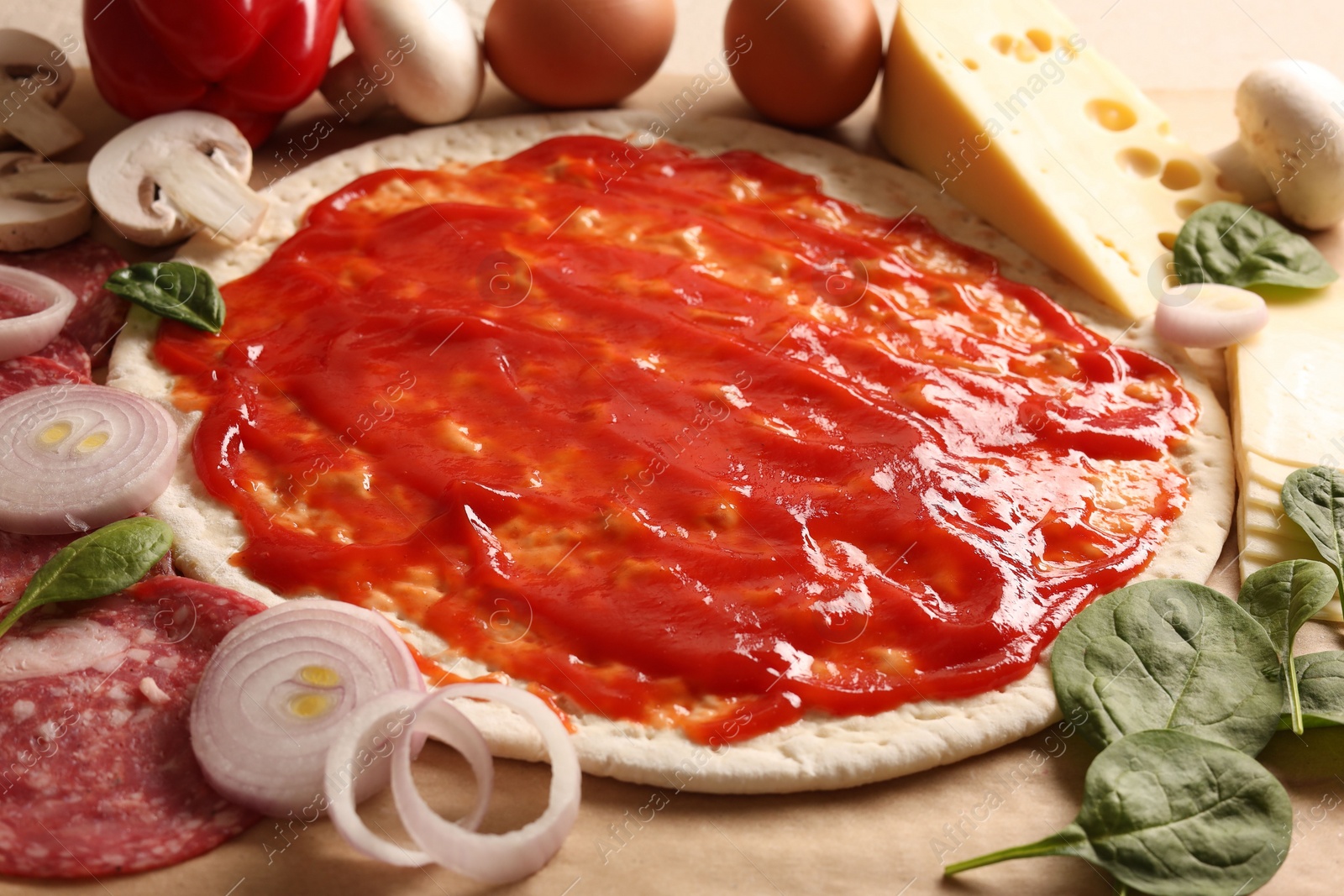 Photo of Pizza base smeared with tomato sauce and products on parchment, closeup