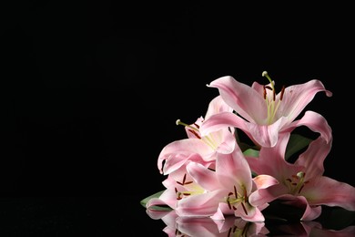 Photo of Beautiful pink lily flowers on black background, space for text