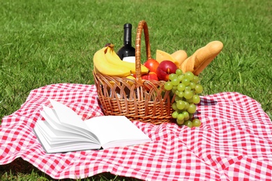 Basket with food on blanket prepared for picnic in park