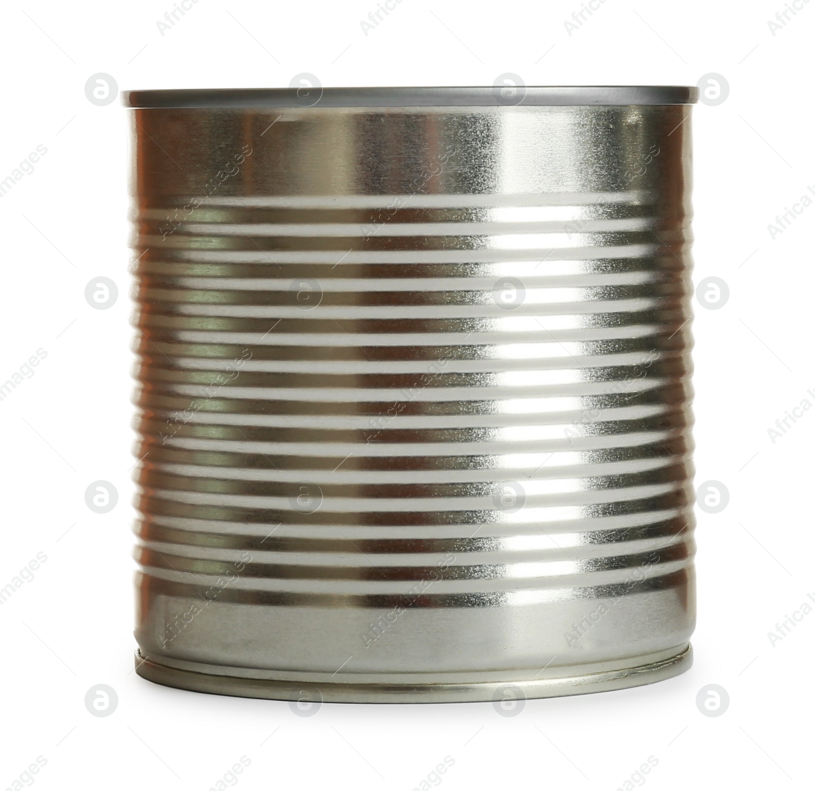 Photo of Closed tin can isolated on white, mockup for design