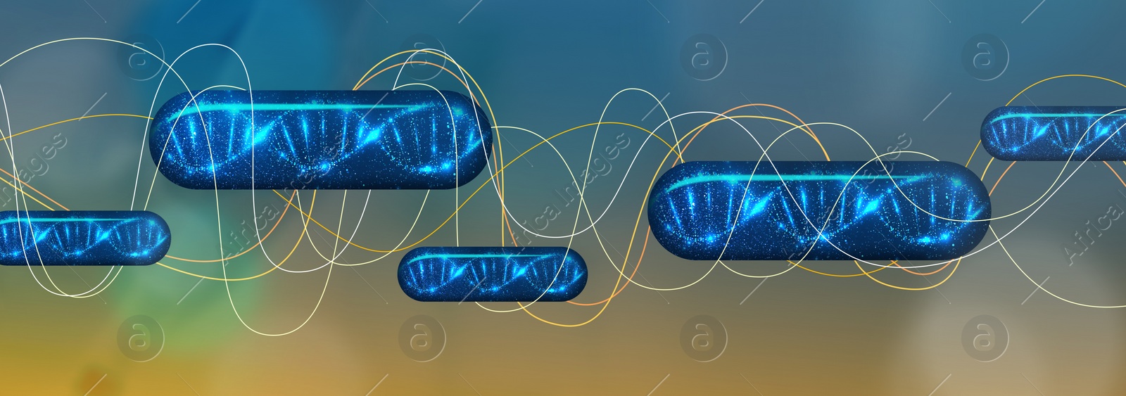 Image of Capsules with DNA molecule on color background, banner design. Illustration