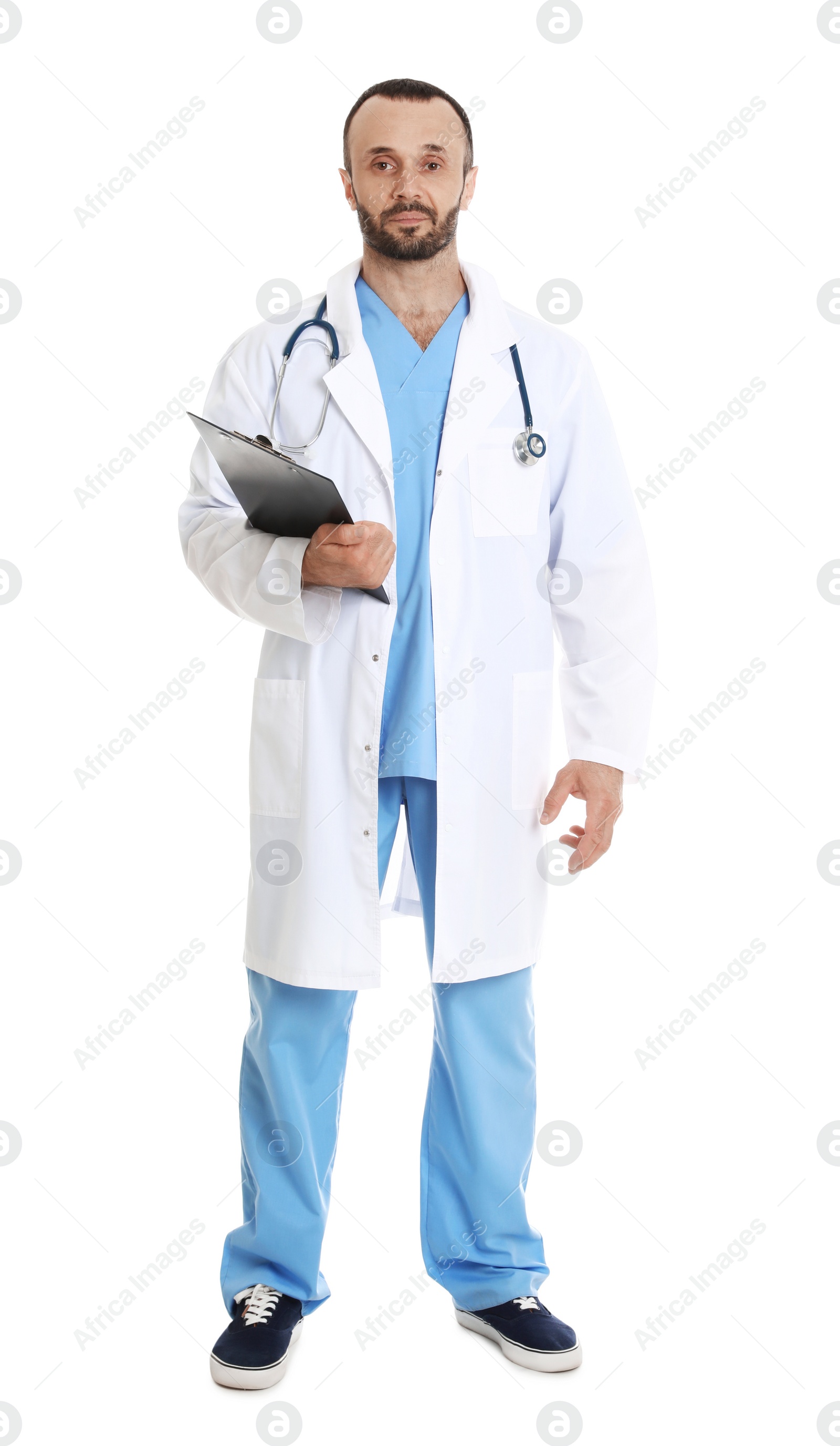 Photo of Full length portrait of male doctor with clipboard isolated on white. Medical staff