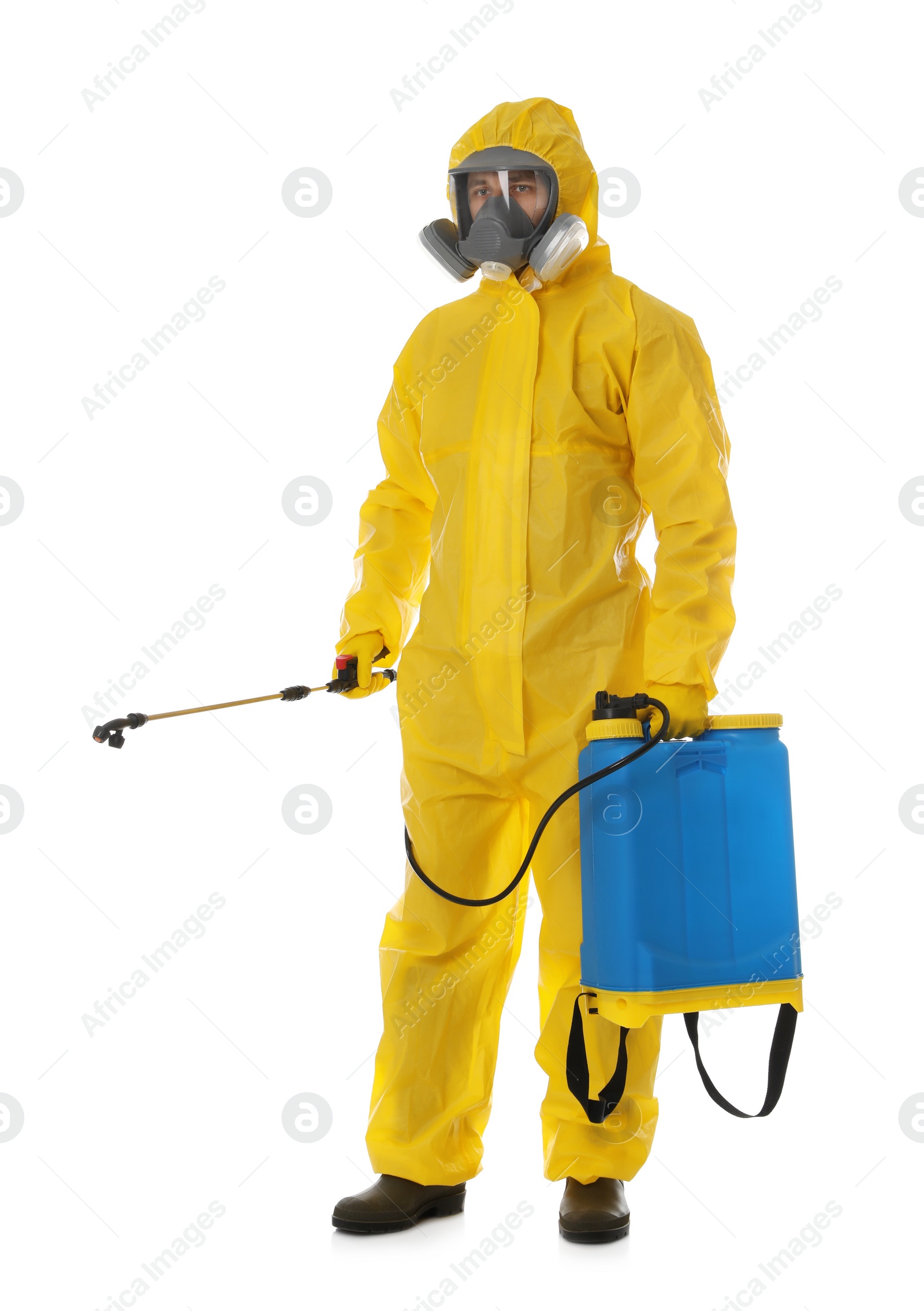 Photo of Man wearing protective suit with insecticide sprayer on white background. Pest control