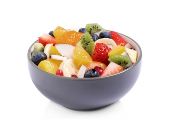 Photo of Fresh delicious fruit salad in bowl on white background