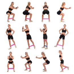 Athletic woman doing different exercises with elastic resistance band on white background, set of photos