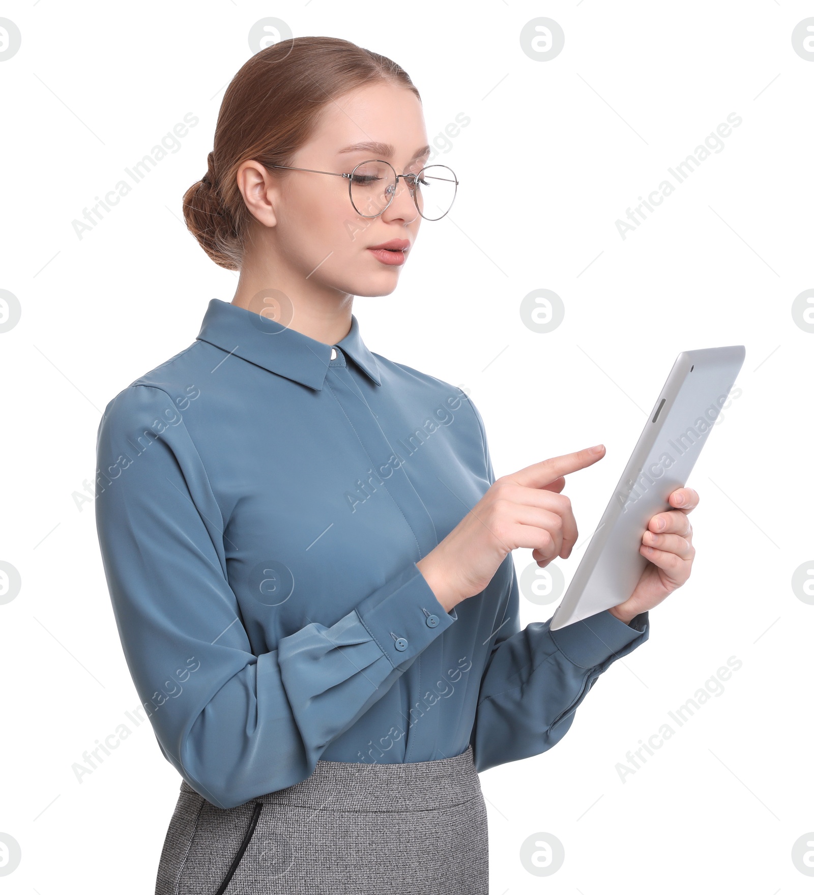 Photo of Young businesswoman with tablet on white background