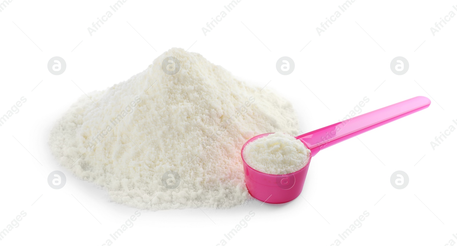 Photo of Powdered infant formula and scoop on white background. Baby milk