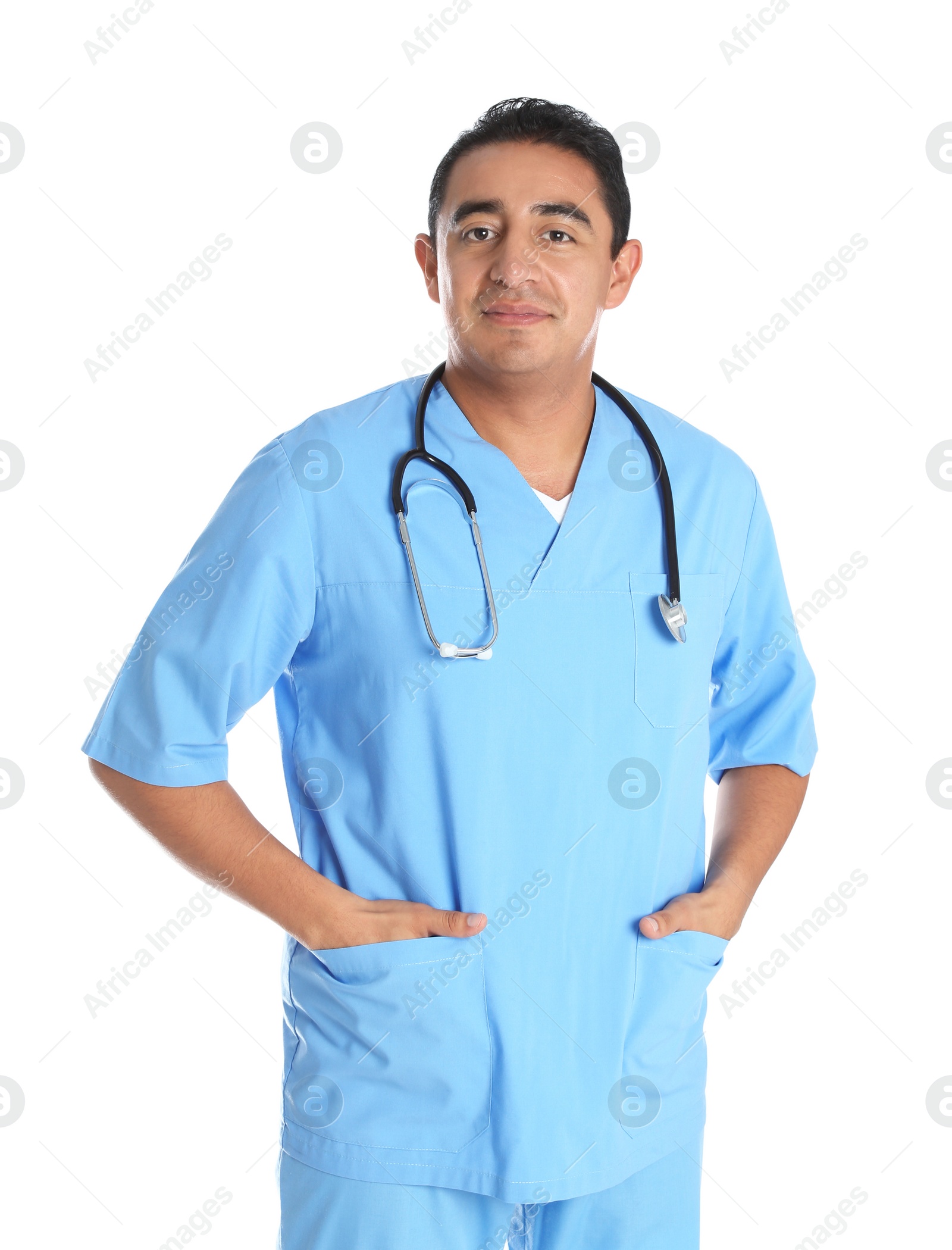 Photo of Portrait of male Hispanic doctor isolated on white. Medical staff