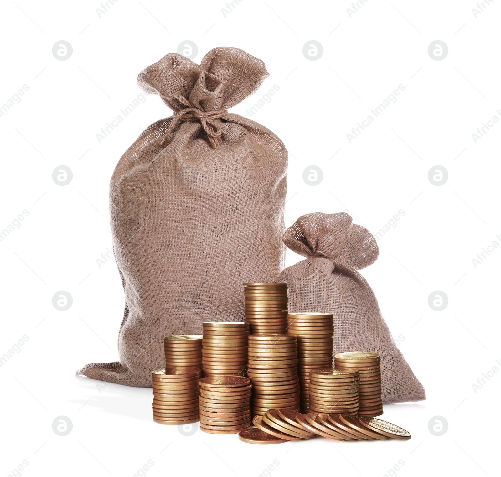 Image of Stacked coins and sack full of money on white background