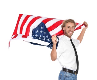 Photo of Young man with American flag on white background