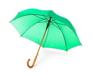 Photo of Modern opened green umbrella isolated on white