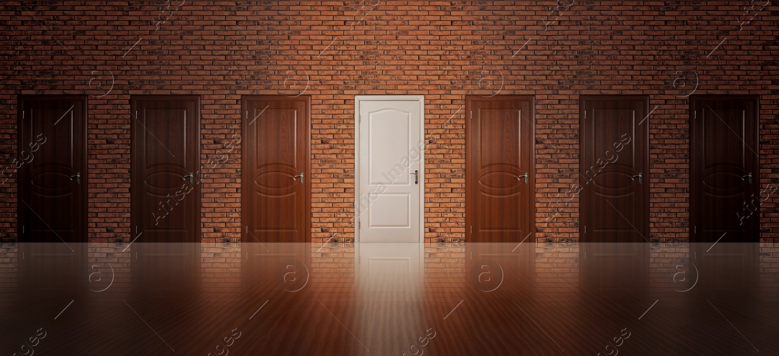Image of White door among brown ones in room. Concept of choice