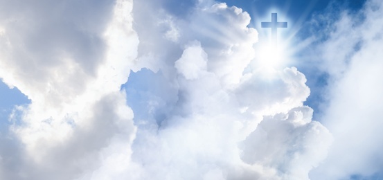 Cross silhouette in sky with clouds, banner design. Resurrection of Jesus