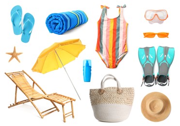 Image of Set with different beach accessories on white background