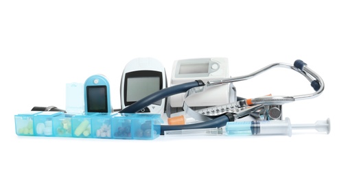 Photo of Different medical objects on white background. Health care