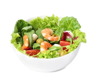 Photo of Tasty salad of fresh ingredients on white background