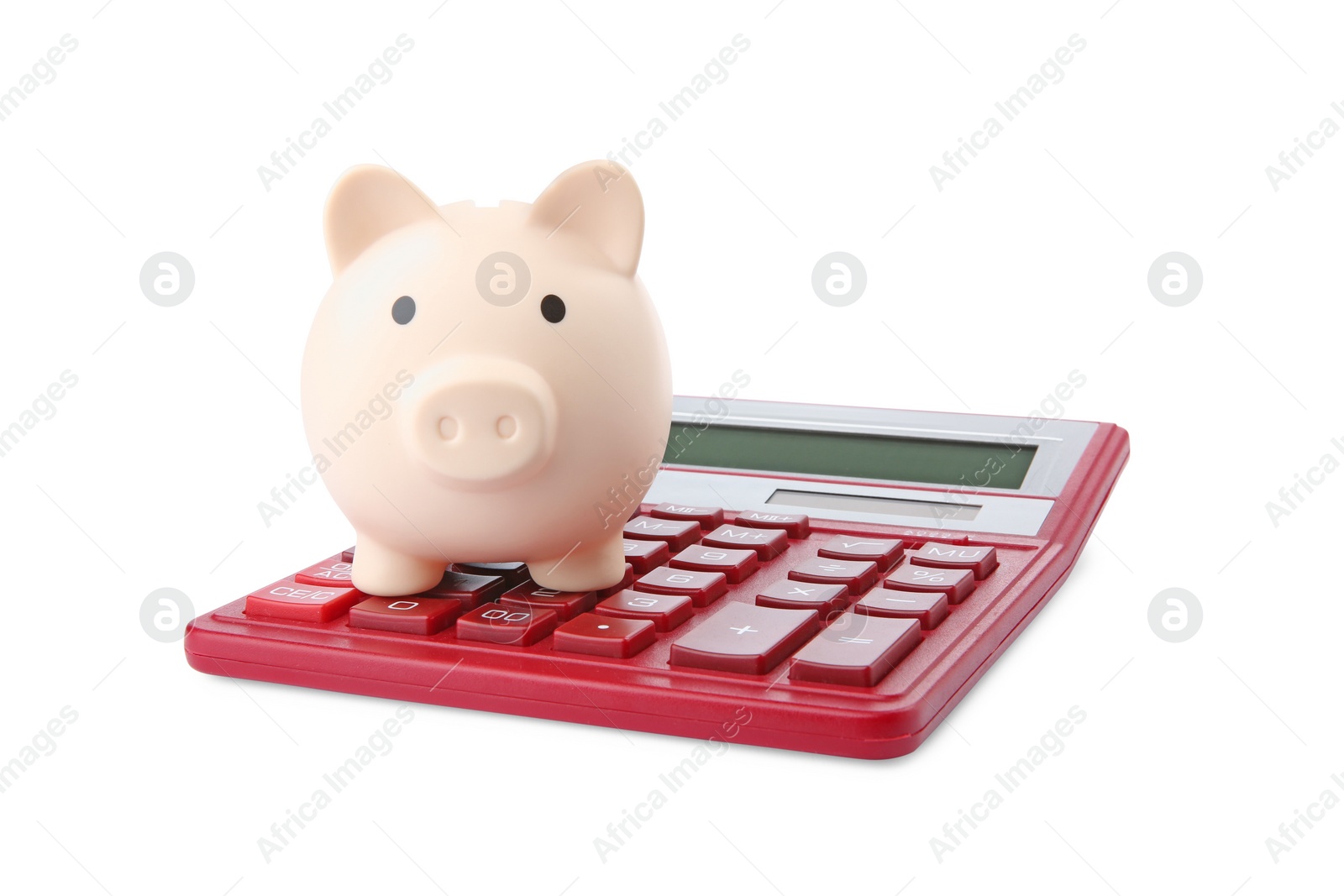Photo of Calculator and piggy bank isolated on white