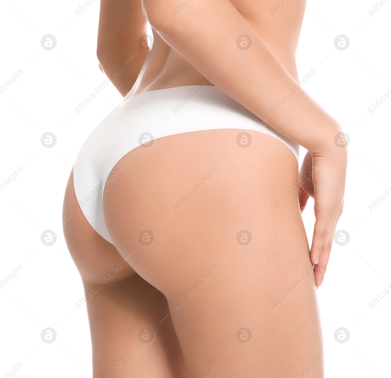 Photo of Slim young woman with smooth gentle skin on white background, closeup. Beauty and body care concept